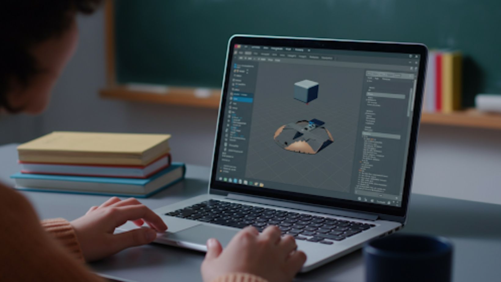 A student coding a Unity game on a laptop, with a cube jumping over a trap on screen. Colorful code snippets float around, and the Unity logo appears in a cheerful classroom background